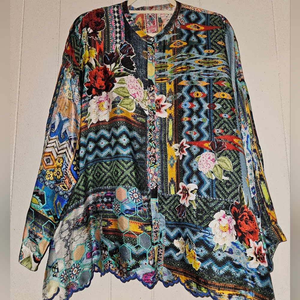 Johnny Was Boho Floral Patchwork Button Down Silk Blouse - Size Small